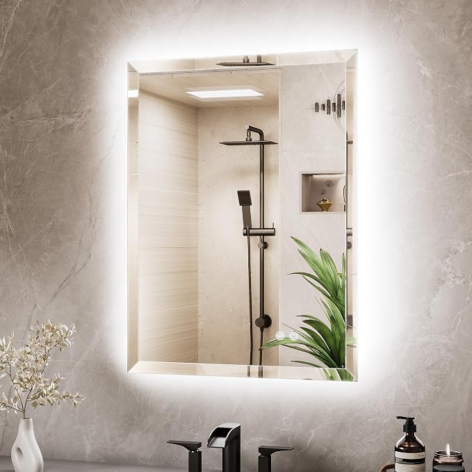 24 x 32 LED Mirror Backlit, Beveled Bathroom Mirror Backlight, Safe Tempered Glass, 3 Color Temperature, Defogger, Adjustable Brightness, Smart Bathroom Mirror, Lighted Vanity Mirrors for Wall