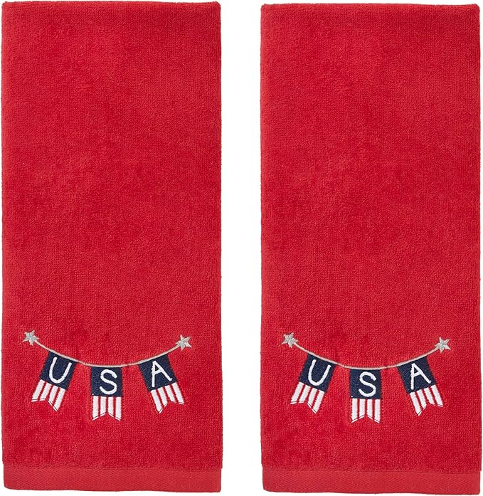 SKL Home USA Banner Hand Towel, (2-Pack), Red | Fun for Memorial Day, 4th of July, Labor Day & all patriotic holidays. For use in the bathroom, kitchen or bar.