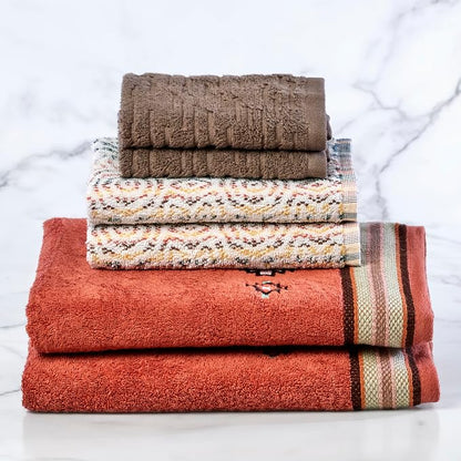 SKL Home Southwest Sunset/Rhapsody Bath Towel Set-6pc, 100% Cotton, Rust | 2 Embroidered bath towels, 2 reversible hand towels, 2 jacquard washcloths. Great for Airbnb/vacation homes/Southwest décor.