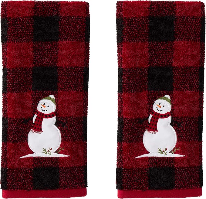 SKL Home Christmas Woodland Winter Snowman Hand Towel Set-2pc, Red | 100% Cotton. 450 GSM. Soft, absorbent jacquard. Plaid buffalo check with embroidery. For the bathroom, kitchen or bar & gift.