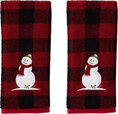 SKL Home Christmas Woodland Winter Snowman Hand Towel Set-2pc, Red | 100% Cotton. 450 GSM. Soft, absorbent jacquard. Plaid buffalo check with embroidery. For the bathroom, kitchen or bar & gift.