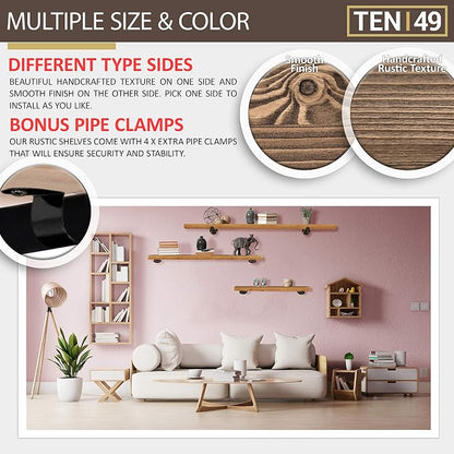 TEN49 Industrial Pipe Wood Wall Shelf - 36" Espresso Real Wooden Shelving - Modern Interior Decor Floating Shelves w/Iron Pipe Brackets - Rustic Farmhouse Style Bookshelf - Set of 2