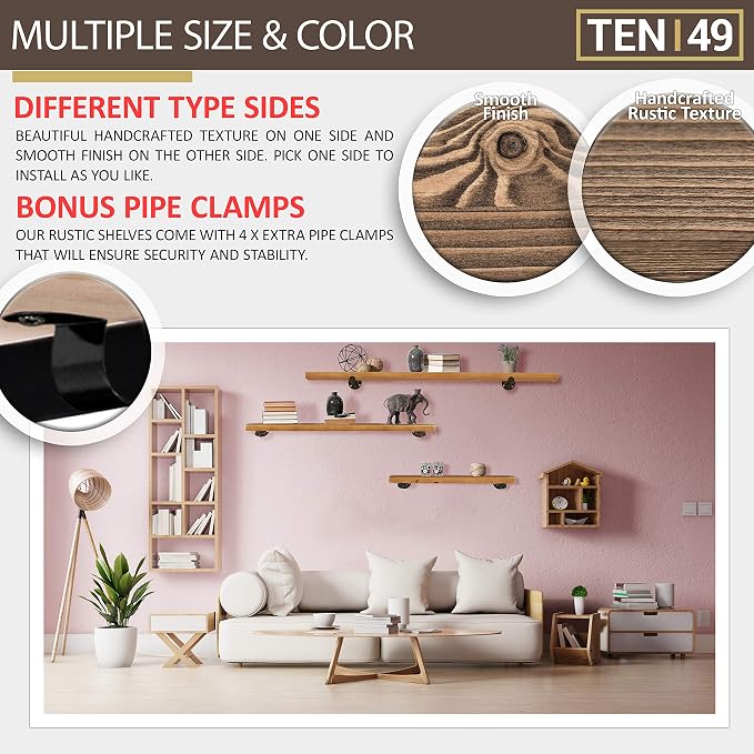TEN49 Real Wood Rustic Floating Shelves Wall - 24 Wide Small Wooden Industrial Pipe Shelving - Farmhouse Pipe Wall Shelves Furniture Bathroom Decor Art Shelf Kitchen - Dark Espresso Color - Set of 2