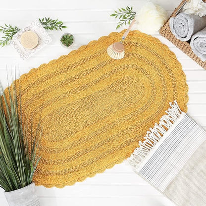 DII Crochet Collection Reversible Bath Mat, Large Oval, 21x34, Honey Gold