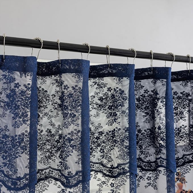 TUDECO Navy Blue Lace Shower Curtain with Attached Valance, 72 x 72 Inch | Retro Floral, Masculine Bathroom Curtain, Moody, Scalloped Edges, Lets Light In, Reinforced Holes, Machine Washable