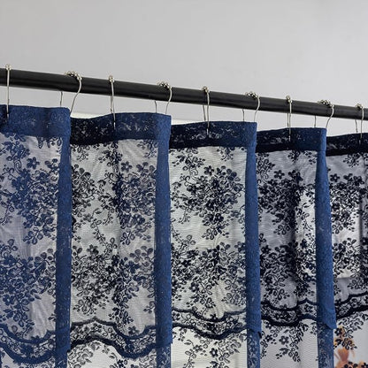 TUDECO Navy Blue Lace Stall Shower Curtain with Valance 36''W x 72''L | Narrow, Half Size, for Boys Mens Bathroom, Retro Floral, Semi-Sheer, Scalloped Edges, Reinforced Holes, Machine Washable