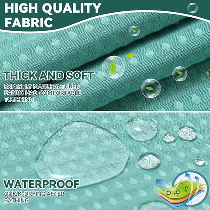 Conbo Mio Extra Long No Hook Green Waffle Weave Shower Curtain with Snap in Liner Set, Hotel Luxury Shower Curtains for Bathroom with See Through Top Window, Waterproof, Washable 71W x 84H