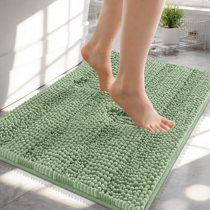 OLANLY Thick Small Bathroom Rugs 24x16, Soft Chenille Bath Rugs, Sage Green | Rubber Backing, Machine Wash, Extra Absorbent Striped Bath Mats for Bathroom Floor, Tub and Shower, Home Decor Accessories