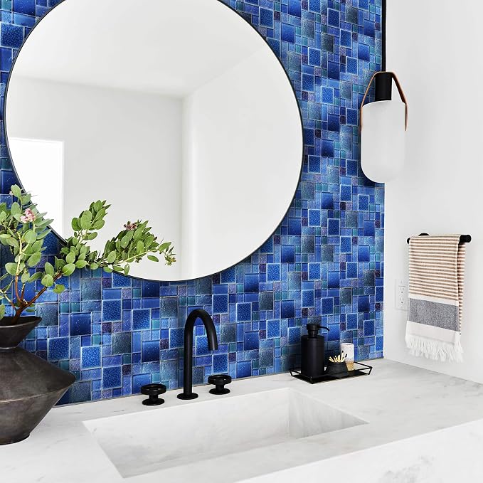 Blue Glass Mosaic Tiles French Pattern Square Mosaics Sheets Iridescent Cobalt Blue Crystal Glass Ceramic Accent Wall Tile for Swimming Pool Kitchen Bathroom Backsplash (5 Square Feet)
