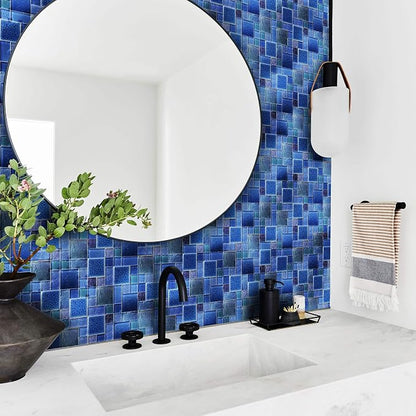 Blue Glass Mosaic Tiles French Pattern Square Mosaics Sheets Iridescent Cobalt Blue Crystal Glass Ceramic Accent Wall Tile for Swimming Pool Kitchen Bathroom Backsplash (5 Square Feet)