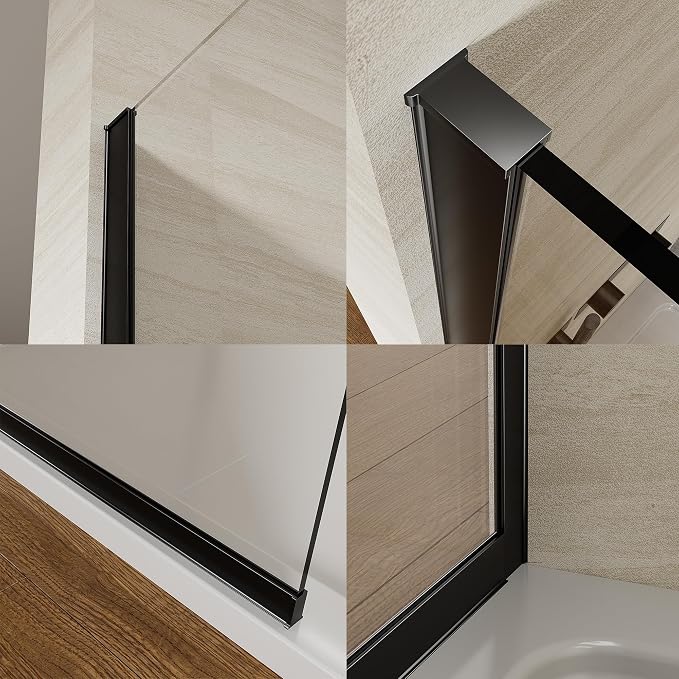 Shower Screen 36" x 76" Shower Wall Panel Matte Black Towel Bar | Tempered Glass 3/8 inch, Half Frameless Shower Wall Panel, Easy to clean Coating, Fixed Glass Shower Door With Hardware