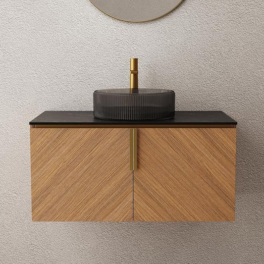 LKTART 36 Inch Bathroom Vanity with Sink, Modern Wall Mounted Bathroom Sink with 2 Doors, Black Sintered Stone Countertop and Black Round Glass Basin, Brown