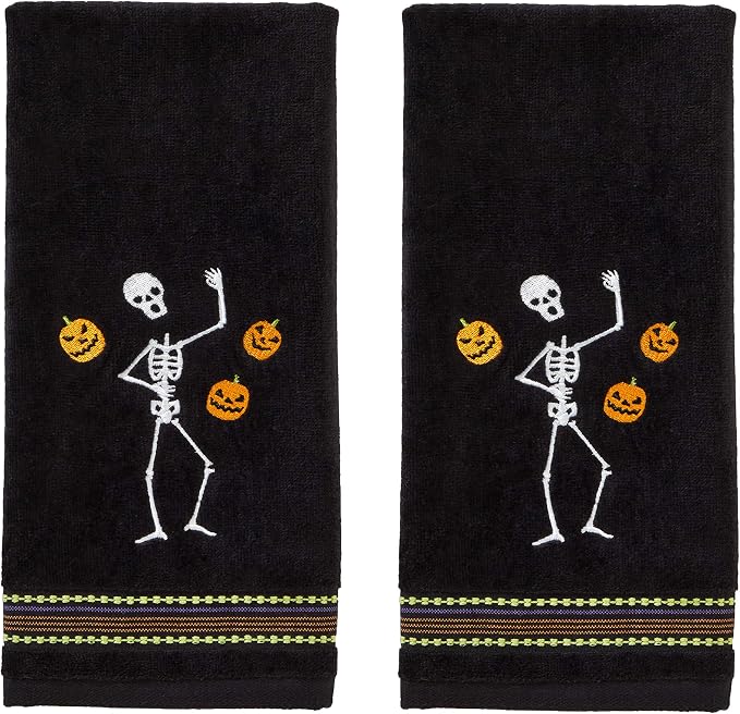 SKL Home Halloween Juggling Skeleton 100% Cotton Embroidered 2pc Hand Towel Set, Decorative for Bath/Kitchen/Bar & Gift, Black