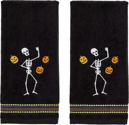SKL Home Halloween Juggling Skeleton 100% Cotton Embroidered 2pc Hand Towel Set, Decorative for Bath/Kitchen/Bar & Gift, Black