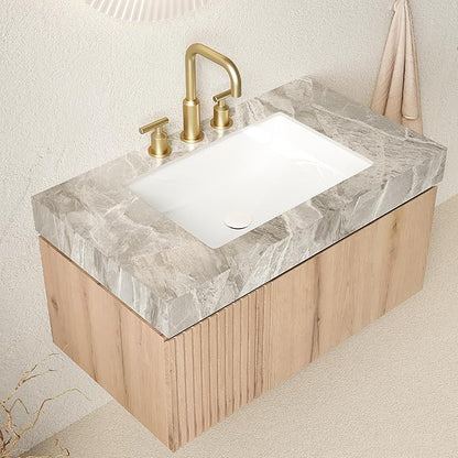 36" Floating Bathroom Vanity with Sink, Modern Plywood Storage Cabinet with Drawer and Door, Gray Sintered Stone Top and 3 Pre-drilled Faucet Holes Ceramic Basin, Pre-Assembled, Light Oak