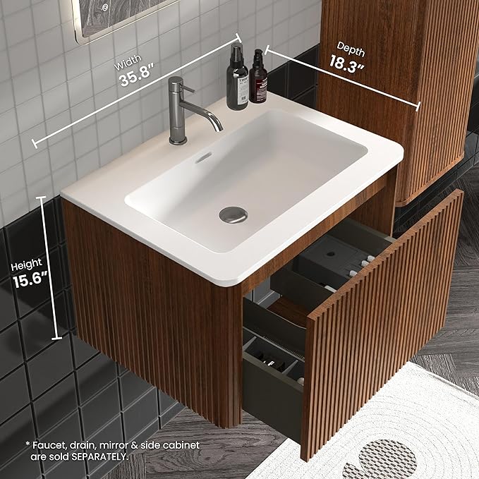 24 Inch Bathroom Vanity with Sink, Modern Floating Vanity with Push Open Drawer, Large Storage for Small Space, Apartment, Hotel, Walnut, Fully Assembled - Camellia Collection