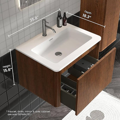 24 Inch Bathroom Vanity with Sink, Modern Floating Vanity with Push Open Drawer, Large Storage for Small Space, Apartment, Hotel, Walnut, Fully Assembled - Camellia Collection