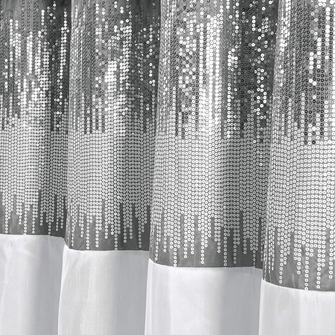 Lush Decor Night Sky Shower Curtain, Single, 72" W x 72" L, Gray & White - Sequin Shower Curtain - Sparkly Color Block Bath Curtain - Modern Glam Bathroom Decor