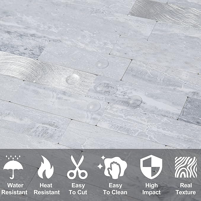 DICOFUN 10-Sheets Peel and Stick Backsplash Wall Tile, Faxu Stone PVC Mixed Metal Kitchen Backsplash Peel and Stick in Light Grey