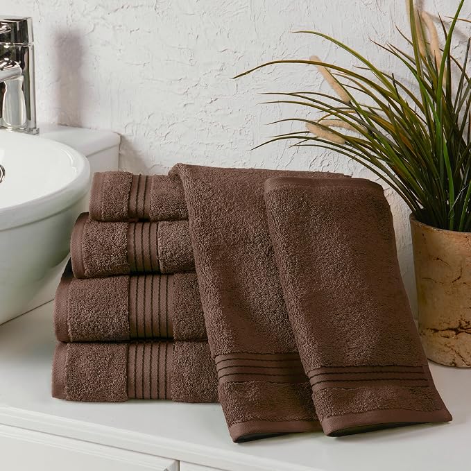 Elegant Comfort Premium Cotton 6-Piece Towel Set, Includes 2 Washcloths, 2 Hand Towels and 2 Bath Towels, 100% Turkish Cotton - Highly Absorbent and Super Soft Towels for Bathroom, Brown