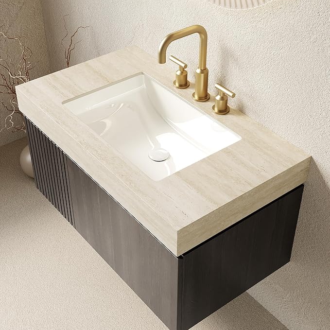 Ambrovina 36" Floating Bathroom Vanity with Sink, Modern Plywood Storage Vanities with Drawer and Door, Roma Travertine-Pattern Countertop with 3 Pre-drilled Faucet Holes Ceramic Basin, Espresso