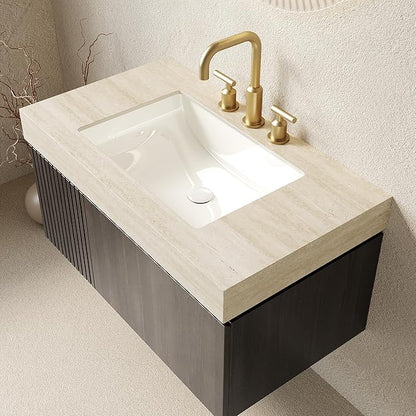 Ambrovina 36" Floating Bathroom Vanity with Sink, Modern Plywood Storage Vanities with Drawer and Door, Roma Travertine-Pattern Countertop with 3 Pre-drilled Faucet Holes Ceramic Basin, Espresso