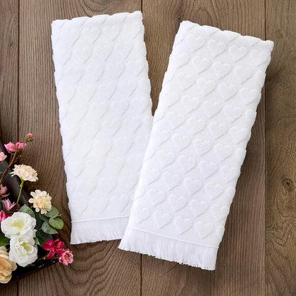 SKL Home Heart Jacquard Hand Towel Set-2pc, 100% Turkish Cotton, White | Soft & textured with fringed hem. For use in the bathroom, kitchen or bar. Great for Valentine's Day & year-round décor.