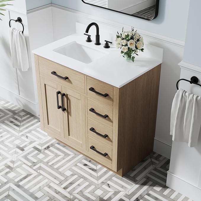 36-Inch Bathroom Vanity with Sink W/ 2 Doors & 4 Drawers & 1 Flip Drawer, Oak Vanity W/Matte Black Handles