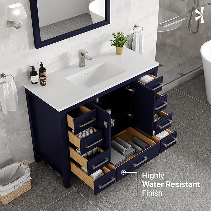 Eviva London 42 in. Blue Single Sink Bath Vanity with Carrara Quartz Top and Undermount Porcelain Sink