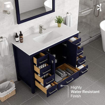 Eviva London 42 in. Blue Single Sink Bath Vanity with Carrara Quartz Top and Undermount Porcelain Sink