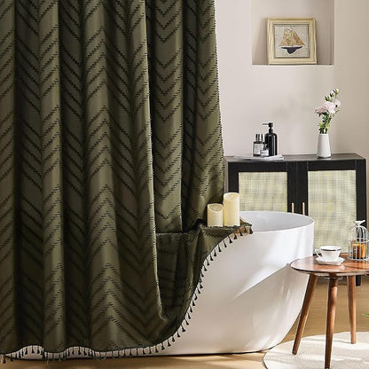 Siiluminisoy Long Shower Curtain Olive Green Boho Shower Curtain with Tassel for Bathroom, 72 x 78 Woven Fabric Modern Textured Tufted Chevron Striped, Machine Washable