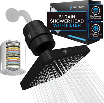 SparkPod Filtered Shower Head, 23-Stage, 6" Square, Black Matte | Showerhead for Hard Water, High Pressure, Reduces Chlorine, Heavy Metals, For Dry Skin & Hair, Removable Capsule Filter