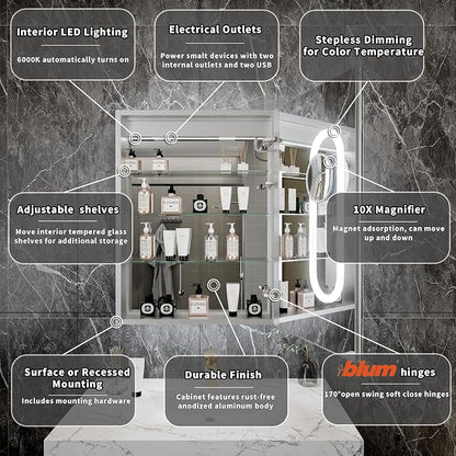 24x32-Inch Lighted Medicine Cabinet with Mirror,Removable 5X Magnificer | GFCI 1800W Outlet,Soft-Closed,Front&Backlit,Anti-Fog,Dimmable&Tunable,Sensor LED,Recessed/Surface,Adjustable Shelves