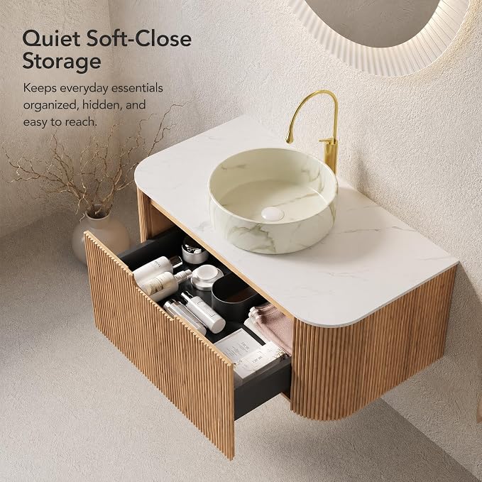 36 Inch Bathroom Vanity with Sink, Floating Wall Mounted Single Sink Vanity, Natural Woodgrain Curved Fluted Front, Stone Top, Marble-Look Round Vessel Basin, Pre-Assembled