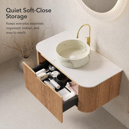36 Inch Bathroom Vanity with Sink, Floating Wall Mounted Single Sink Vanity, Natural Woodgrain Curved Fluted Front, Stone Top, Marble-Look Round Vessel Basin, Pre-Assembled