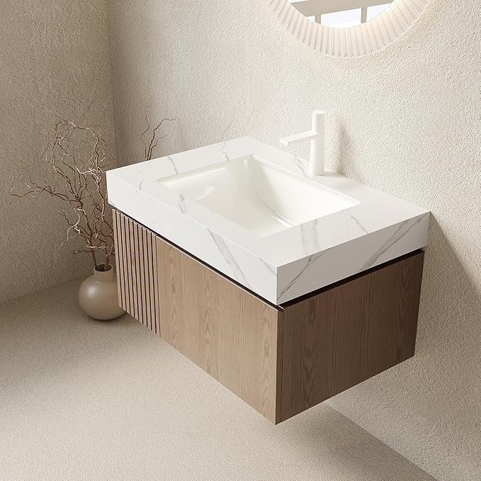Ambrovina 30" Floating Bathroom Vanity with Sink, Plywood Storage Bathroom Vanities with Drawer and Door, Carrara White Sintered Stone Top and Ceramic Basin, Pre-Assembled Cabinet, Light Brown