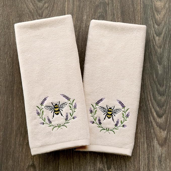SKL Home Bee Lavender Hand Towel Set-2pc, 100% Cotton, Embroidered, Natural | Soft, decorative velour. For use in the bathroom, kitchen or bar & makes a great gift.