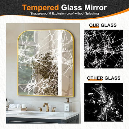 36"x30" Gold Metal Framed Bathroom Mirror for Over Sink | Rounded rectangle shape. Shatterproof HD glass, all mounting hardware for bathroom, bedroom, entryway.