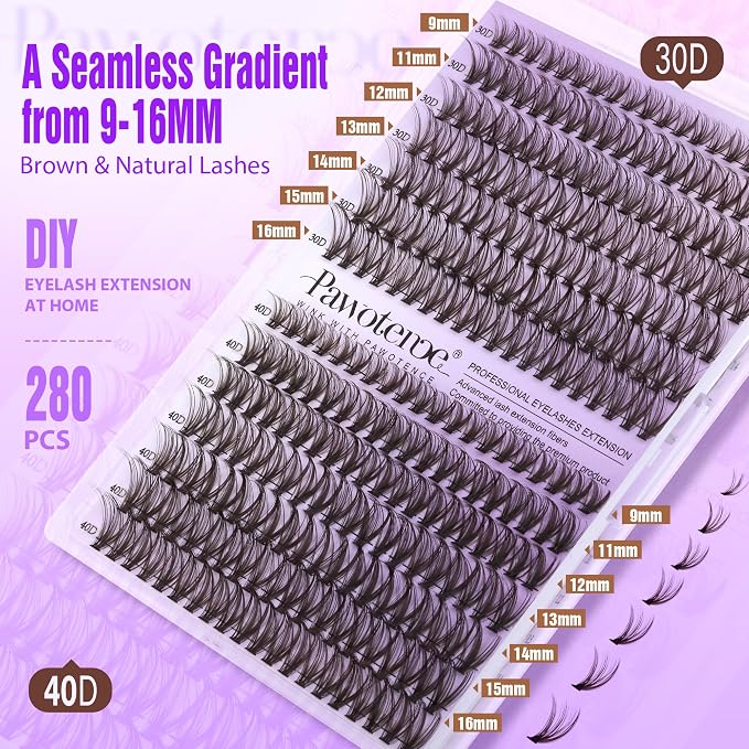 Lash Extension Kit DIY 280pcs Brown Lash Clusters Eyelash Extension Kit 30D 40D 9-16mm Individual Lashes Kit with Lash Bond and Seal Lash Tweezers for Self Use (Brown 30D 40D, 9-16mm, Kit)