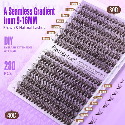 Lash Extension Kit DIY 280pcs Brown Lash Clusters Eyelash Extension Kit 30D 40D 9-16mm Individual Lashes Kit with Lash Bond and Seal Lash Tweezers for Self Use (Brown 30D 40D, 9-16mm, Kit)
