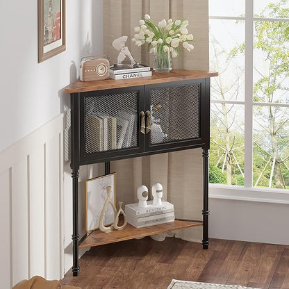 VECELO Corner Cabinet/Table, 3-Tier Display Shelves with Protection Door, Metal Frame Storage Shelf Organizer for Small Space, Living Room, Kitchen, Bathroom
