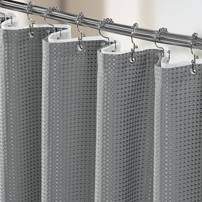 3 in 1 Shower Curtain Set, Waffle Shower Curtain and Liner Set with 12 Double Sided Shower Curtain Hooks, 258GSM Luxury Weighted Cloth Shower Curtains for Bathroom, 72 W x 84 H, Grey