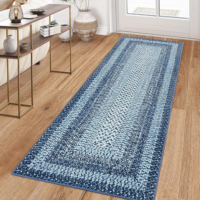 Washable Runner Rug 2x8 Bathroom Rugs Blue Modern Printed Braided Bedroom Rug Non Slip Geometric Area Rug Kitchen Rugs Stain Resistant Carpet for Laundry Room 2'x8' Blue