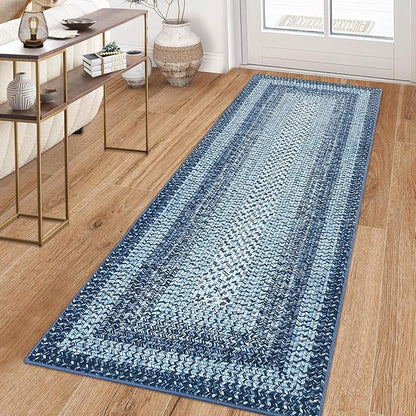 Washable Runner Rug 2x8 Bathroom Rugs Blue Modern Printed Braided Bedroom Rug Non Slip Geometric Area Rug Kitchen Rugs Stain Resistant Carpet for Laundry Room 2'x8' Blue
