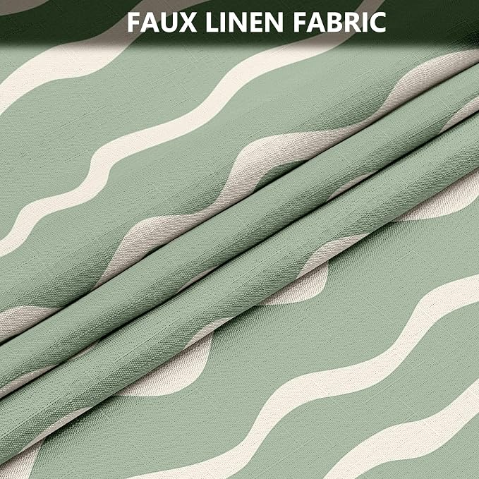 Tititex Cute Curvy Wavy Lines 140gsm Faux Linen Fabric Shower Curtain, Elegant Beige Sage Green Wave Striped Shower Curtain Sets Decoration 72x72 Inch with Hooks