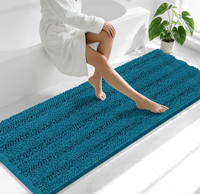Smiry Thick Chenille Bathroom Runner Rugs 70x24, Bath Mat, Peacock Blue | Quick‑Dry & Machine Washable, Non‑Slip Bath Carpet, Soft Striped Bath Rugs for Tub & Shower, Modern Home Decor Accessories
