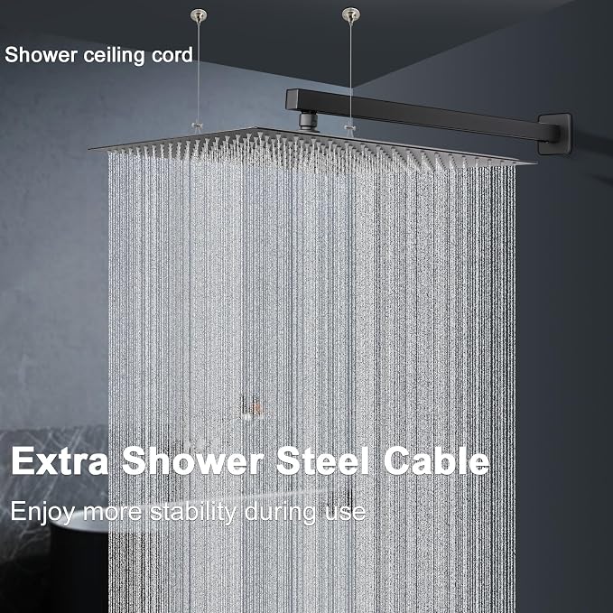 Shower Head with Extension Arm, High Pressure Square with ShowerArm, Stainless Steel Rainfall-Waterfall Full Body Coverage (16'' Shower with 20'' Arm, Matte Black)