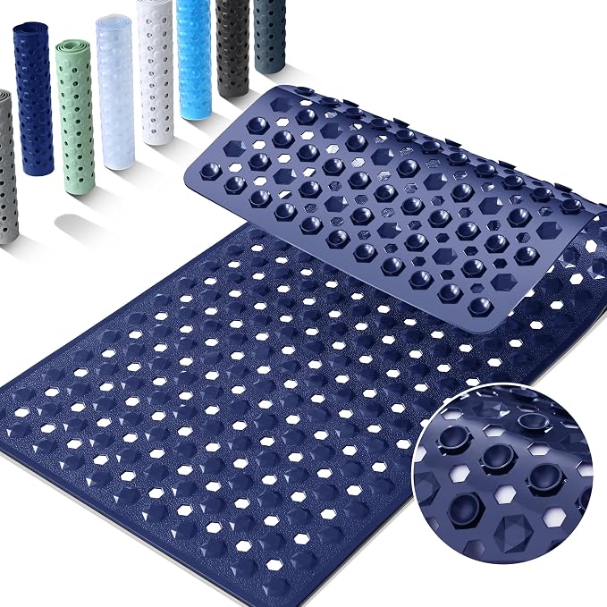 Yimobra Bathtub Mat Non Slip, 27.5"X15.5" Machine Washable Shower Floor Mat, Soft on Feet, Bathmat with Drain Holes and Suction Cups, Bathroom Essentials, Dark Blue