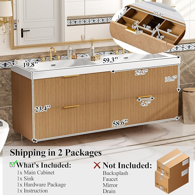 60" Bathroom Vanity with Sink Combo, Floating Double Sink Bathroom Vanity with SMC Resin Top, MDF Cabinet with 4 Drawer, Wall-Mounted Bath Room Vanities for Large Bathrooms (60''-Wood-4)