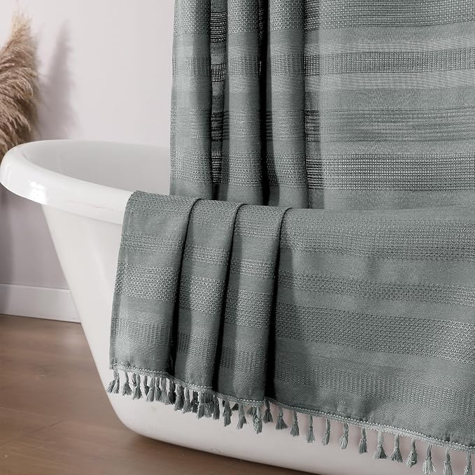 Extra Long Boho Shower Curtain 84 Inch Long, Modern Farmhouse Heavy Duty Linen Textured Soft Fabric, Rustic Country Cloth Shower Curtain with Tassel for Bathroom Hotel, 72Wx84L, Light Grey